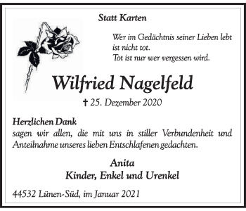 Traueranzeige von Wilfried Nagelfeld von WVW Anzeigenblätter