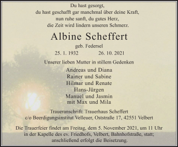 Traueranzeige von Albine Scheffert von WVW Anzeigenblätter