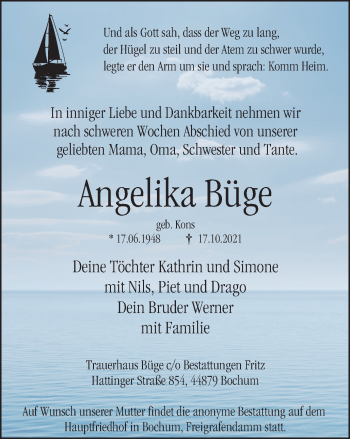 Traueranzeige von Angelika Büge von WVW Anzeigenblätter