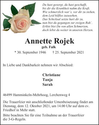 Traueranzeige von Annette Rojek von WVW Anzeigenblätter