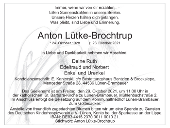 Traueranzeige von Anton Lütke-Brochtrup von WVW Anzeigenblätter