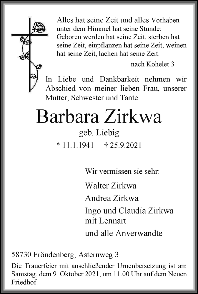  Traueranzeige für Barbara Zirkwa vom 06.10.2021 aus WVW Anzeigenblätter