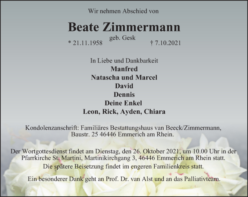  Traueranzeige für Beate Zimmermann vom 23.10.2021 aus WVW Anzeigenblätter