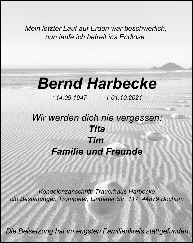  Traueranzeige für Bernd Harbecke vom 16.10.2021 aus WVW Anzeigenblätter