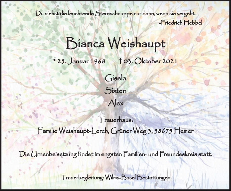  Traueranzeige für Bianca Weishaupt vom 16.10.2021 aus WVW Anzeigenblätter