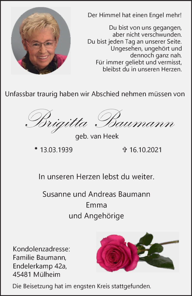 Traueranzeige für Brigitta Baumann vom 30.10.2021 aus WVW Anzeigenblätter