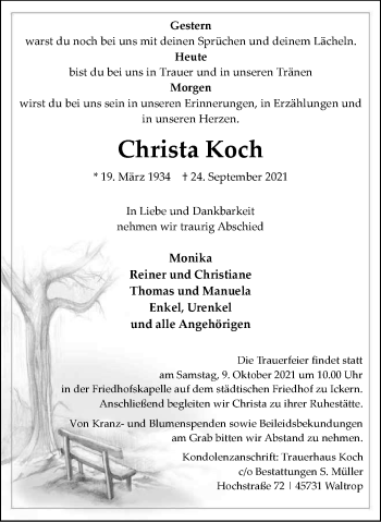 Traueranzeige von Christa Koch von WVW Anzeigenblätter