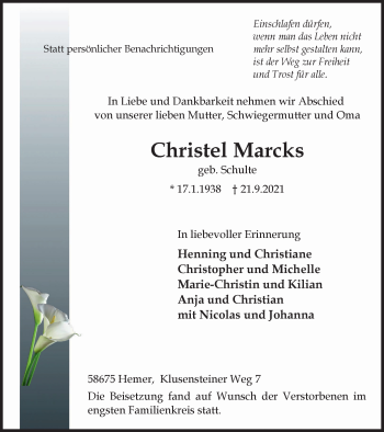 Traueranzeige von Christel Marcks von WVW Anzeigenblätter