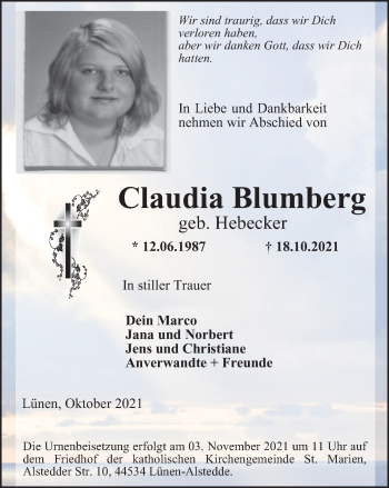 Traueranzeige von Claudia Blumberg von WVW Anzeigenblätter