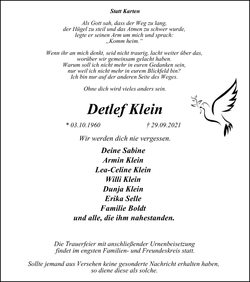  Traueranzeige für Detlef Klein vom 02.10.2021 aus WVW Anzeigenblätter