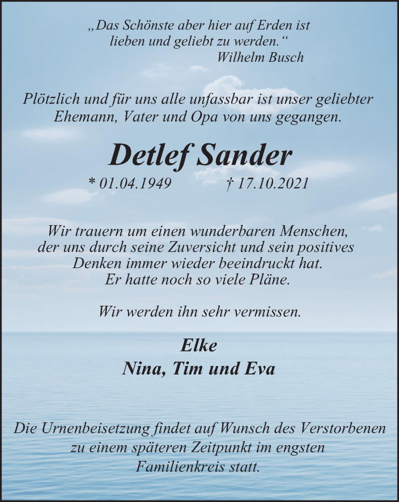  Traueranzeige für Detlef Sander vom 23.10.2021 aus WVW Anzeigenblätter