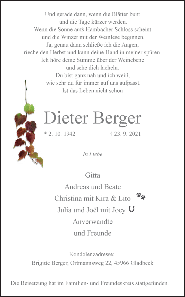  Traueranzeige für Dieter Berger vom 02.10.2021 aus WVW Anzeigenblätter
