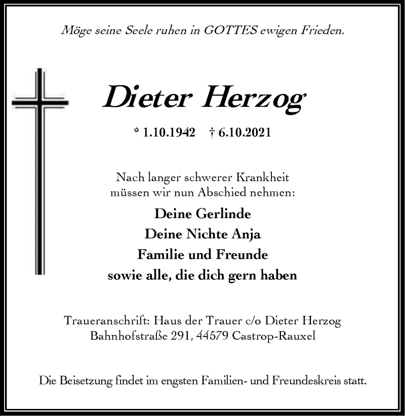 Traueranzeige für Dieter Herzog vom 16.10.2021 aus WVW Anzeigenblätter