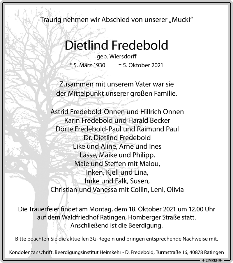 Traueranzeige für Dietlind Fredebold vom 09.10.2021 aus WVW Anzeigenblätter
