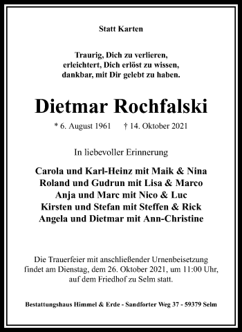 Traueranzeige von Dietmar Rochfalski von WVW Anzeigenblätter