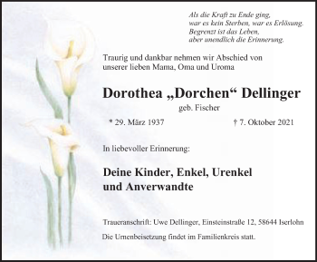 Traueranzeige von Dorothea  Dellinger von WVW Anzeigenblätter