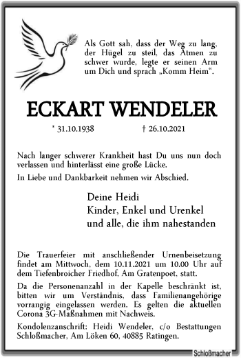 Traueranzeige von Eckart Wendeler von WVW Anzeigenblätter