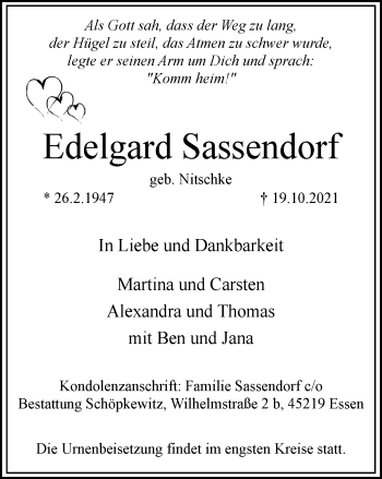 Traueranzeige von Edelgard Sassendorf von WVW Anzeigenblätter