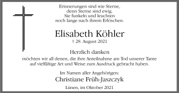 Traueranzeige von Elisabeth Köhler von WVW Anzeigenblätter