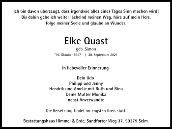 Traueranzeige von Elke Quast von WVW Anzeigenblätter