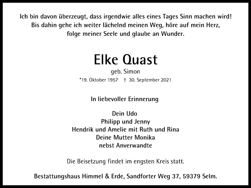  Traueranzeige für Elke Quast vom 06.10.2021 aus WVW Anzeigenblätter