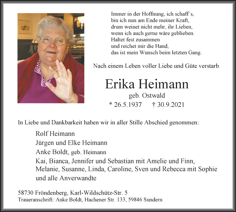  Traueranzeige für Erika Heimann vom 09.10.2021 aus WVW Anzeigenblätter