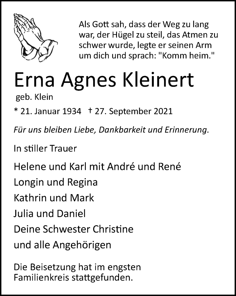  Traueranzeige für Erna Agnes Kleinert vom 02.10.2021 aus WVW Anzeigenblätter