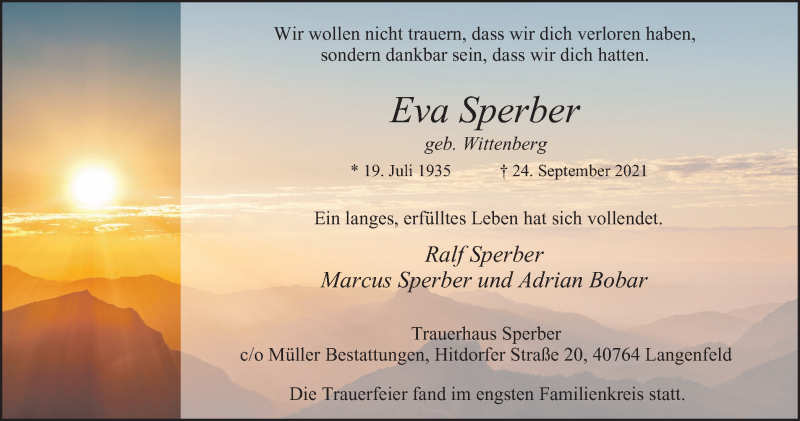  Traueranzeige für Eva Sperber vom 09.10.2021 aus WVW Anzeigenblätter