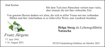 Traueranzeige von Franz Jürgens von WVW Anzeigenblätter