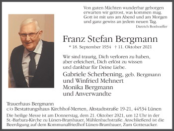 Traueranzeige von Franz Stefan Bergmann von WVW Anzeigenblätter