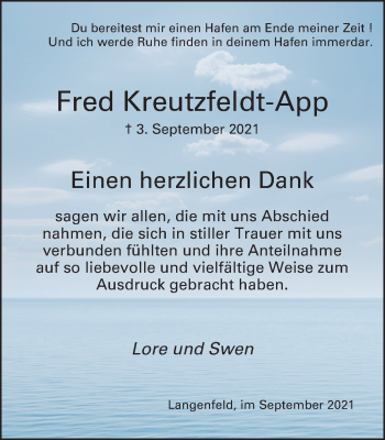 Traueranzeige von Fred Kreutzfeldt-App von WVW Anzeigenblätter