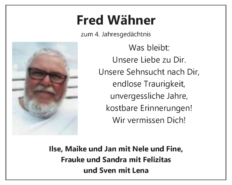  Traueranzeige für Fred Wähner vom 30.10.2021 aus WVW Anzeigenblätter