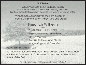 Traueranzeige von Friedrich Wilhelm von WVW Anzeigenblätter