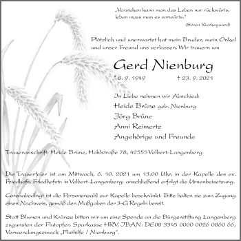 Traueranzeige von Gerd Nienburg von WVW Anzeigenblätter