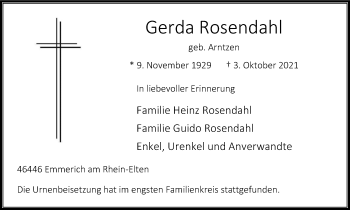 Traueranzeige von Gerda Rosendahl von WVW Anzeigenblätter