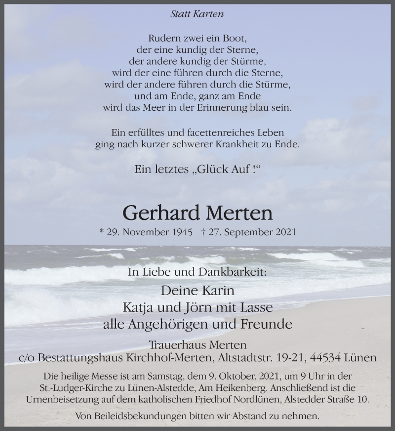  Traueranzeige für Gerhard Merten vom 02.10.2021 aus WVW Anzeigenblätter