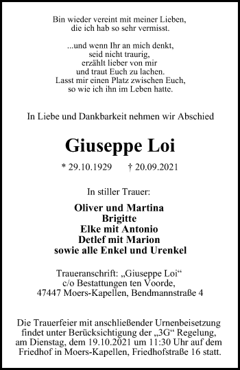 Traueranzeige von Giuseppe Loi von WVW Anzeigenblätter