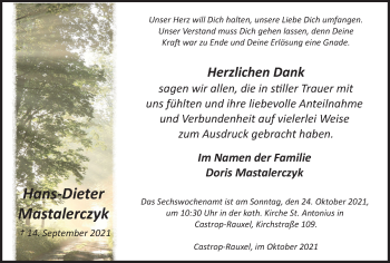 Traueranzeige von Hans-Dieter Mastalerczyk von WVW Anzeigenblätter