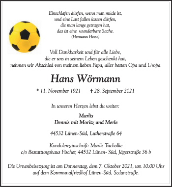 Traueranzeige von Hans Wörmann von WVW Anzeigenblätter