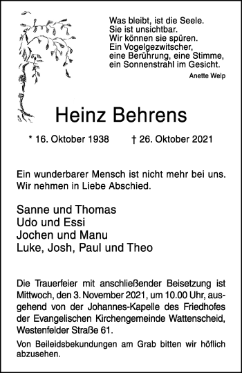 Traueranzeige von Heinz Behrens von WVW Anzeigenblätter
