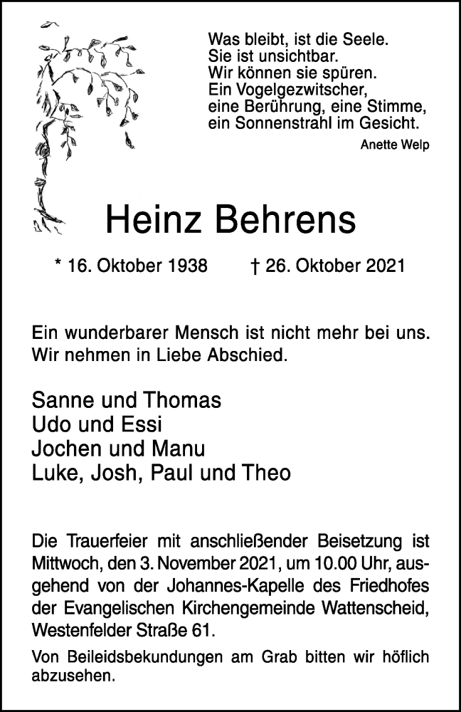  Traueranzeige für Heinz Behrens vom 30.10.2021 aus WVW Anzeigenblätter