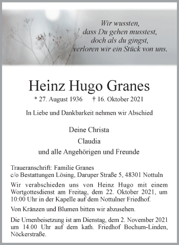 Traueranzeige von Heinz Hugo Granes von WVW Anzeigenblätter