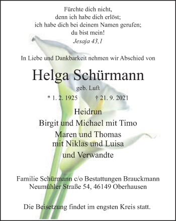 Traueranzeige von Helga Schürmann von WVW Anzeigenblätter