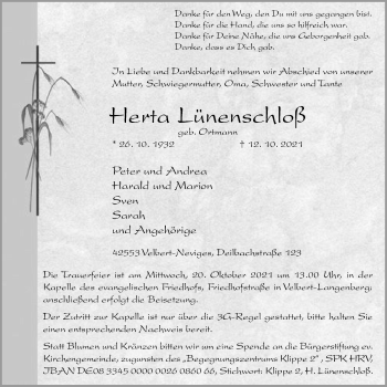 Traueranzeige von Herta Lünenschloß von WVW Anzeigenblätter