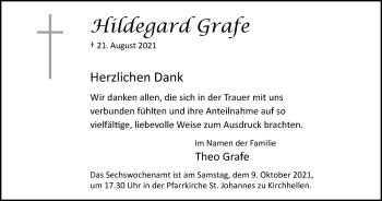 Traueranzeige von Hildegard Grafe von WVW Anzeigenblätter