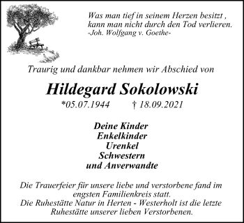 Traueranzeige von Hildegard Sokolowski von WVW Anzeigenblätter