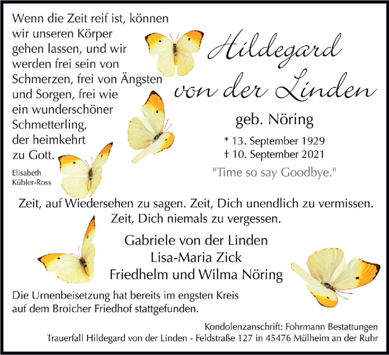  Traueranzeige für Hildegard von der Linden vom 02.10.2021 aus WVW Anzeigenblätter