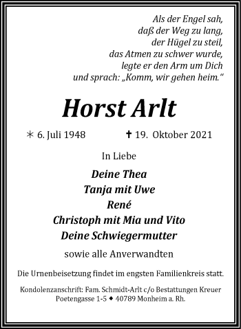 Traueranzeige von Horst Arlt von WVW Anzeigenblätter