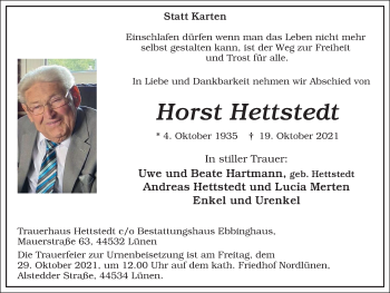 Traueranzeige von Horst Hettstedt von WVW Anzeigenblätter