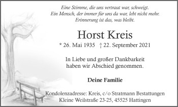 Traueranzeige von Horst Kreis von WVW Anzeigenblätter